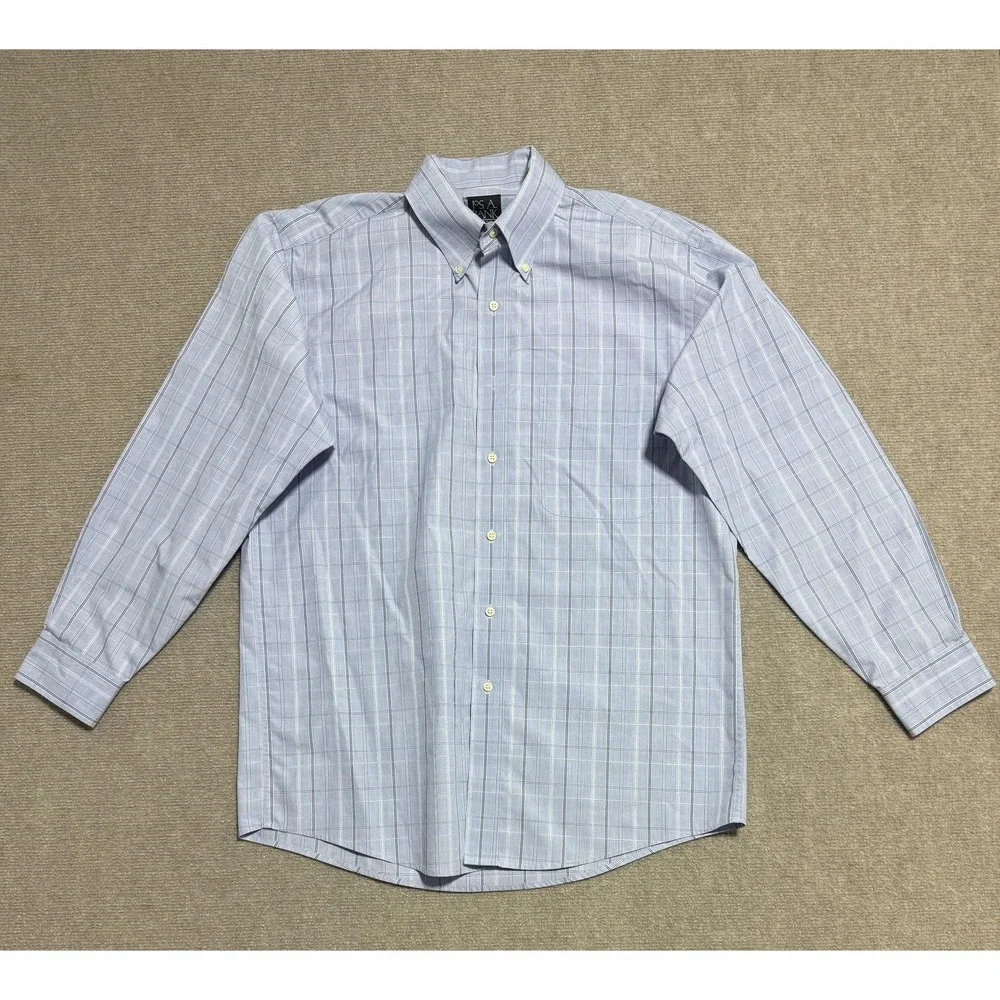 Jos A Bank Shirt Mens Medium Blue Check Plaid Button Down Long Sleeve Cotton‎